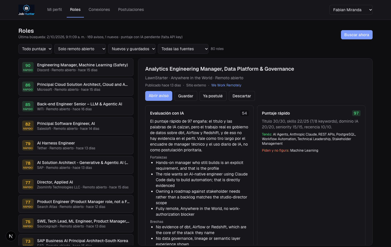 Job Hunter calificando una vacante contra un perfil